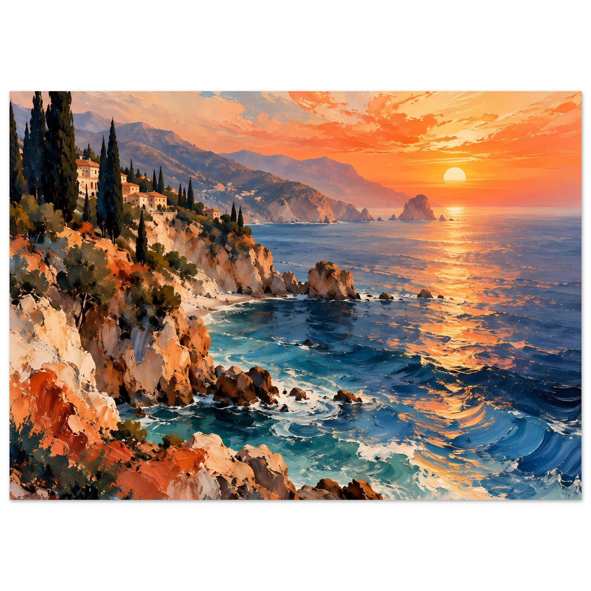 Querformat-Poster: Felsküste mit Buchten, Schaumwellen und Sonnenuntergang am Horizont