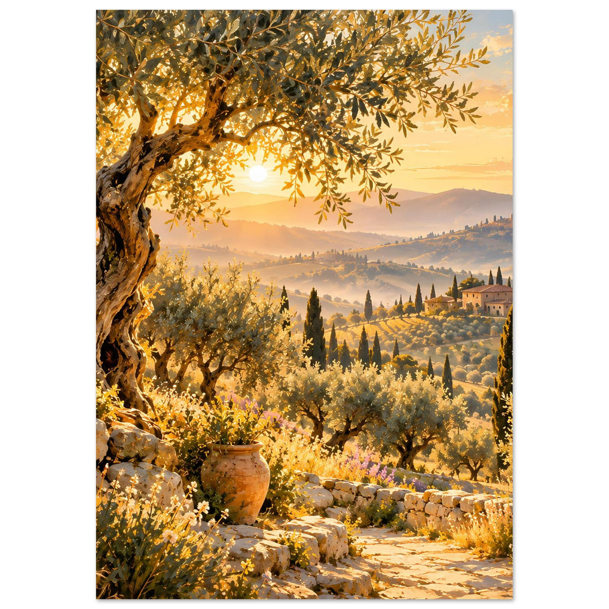 Landschaftsposter mit Olivenbaumzweigen, goldener Landschaft und Fernhügeln, hochformat