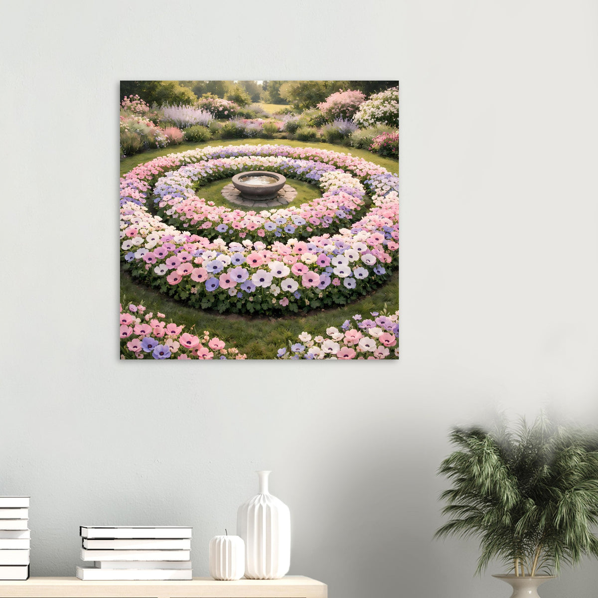 Quadratisches Wandposter mit kreisförmigem Blumengarten in Pastellrosa und Fliedertönen