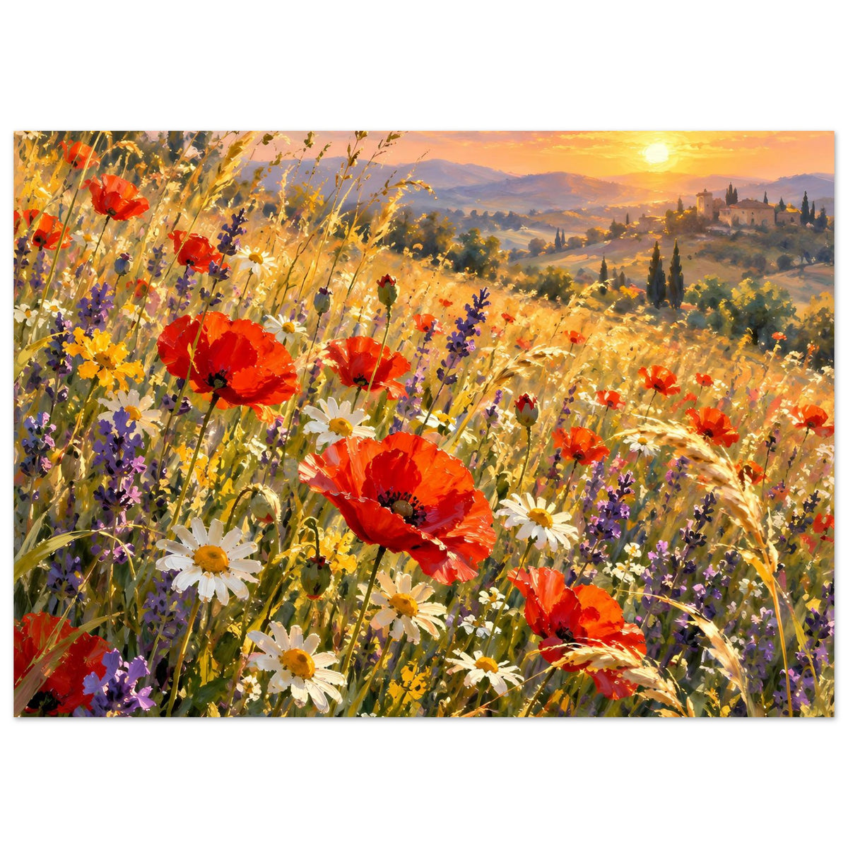 Querformat-Poster mit Wildblumenfeld, roten Mohnblüten und tiefstehender gelber Sonne