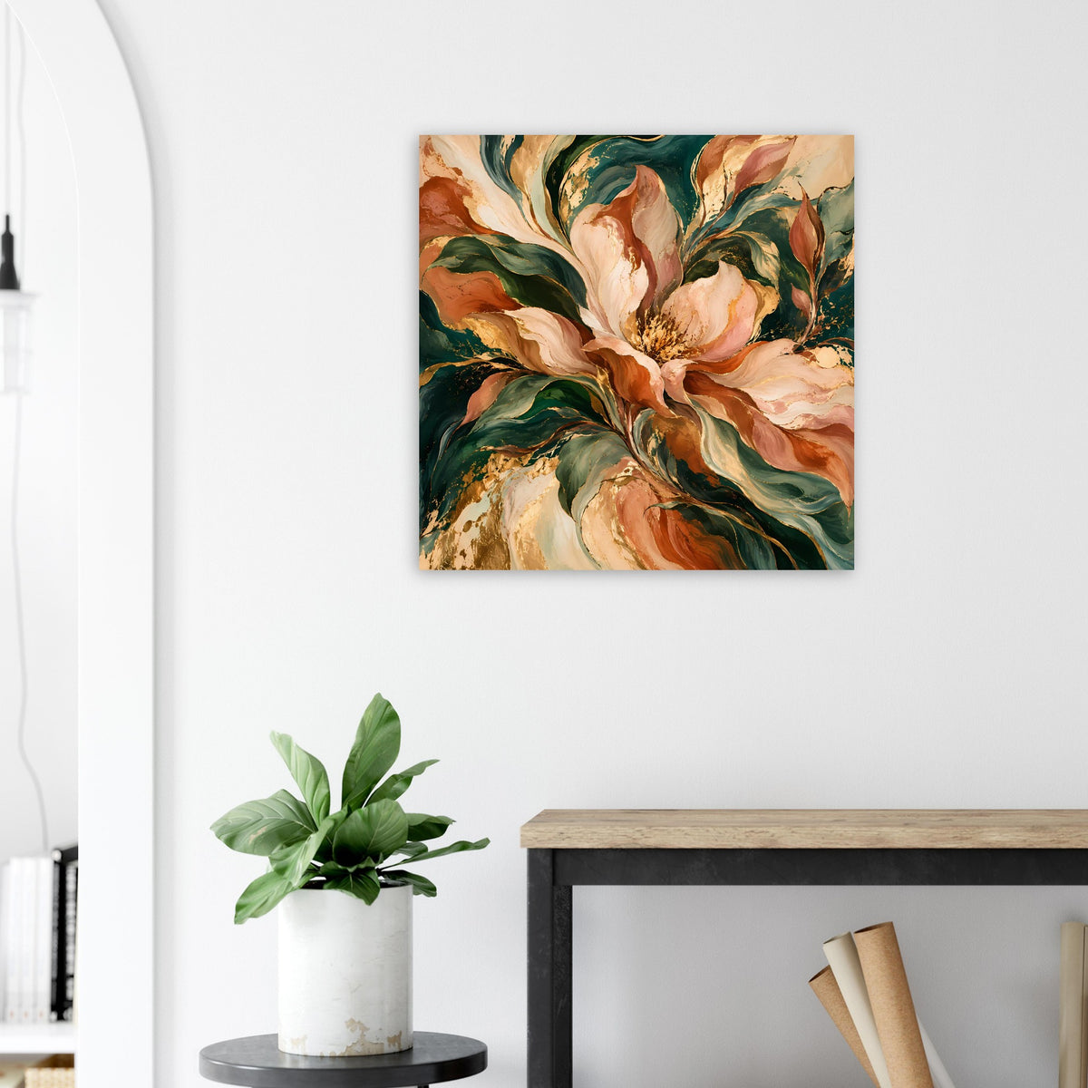 Quadratisches Blumenposter mit cremefarbenen und orangefarbenen Blüten, grünes Blattwerk