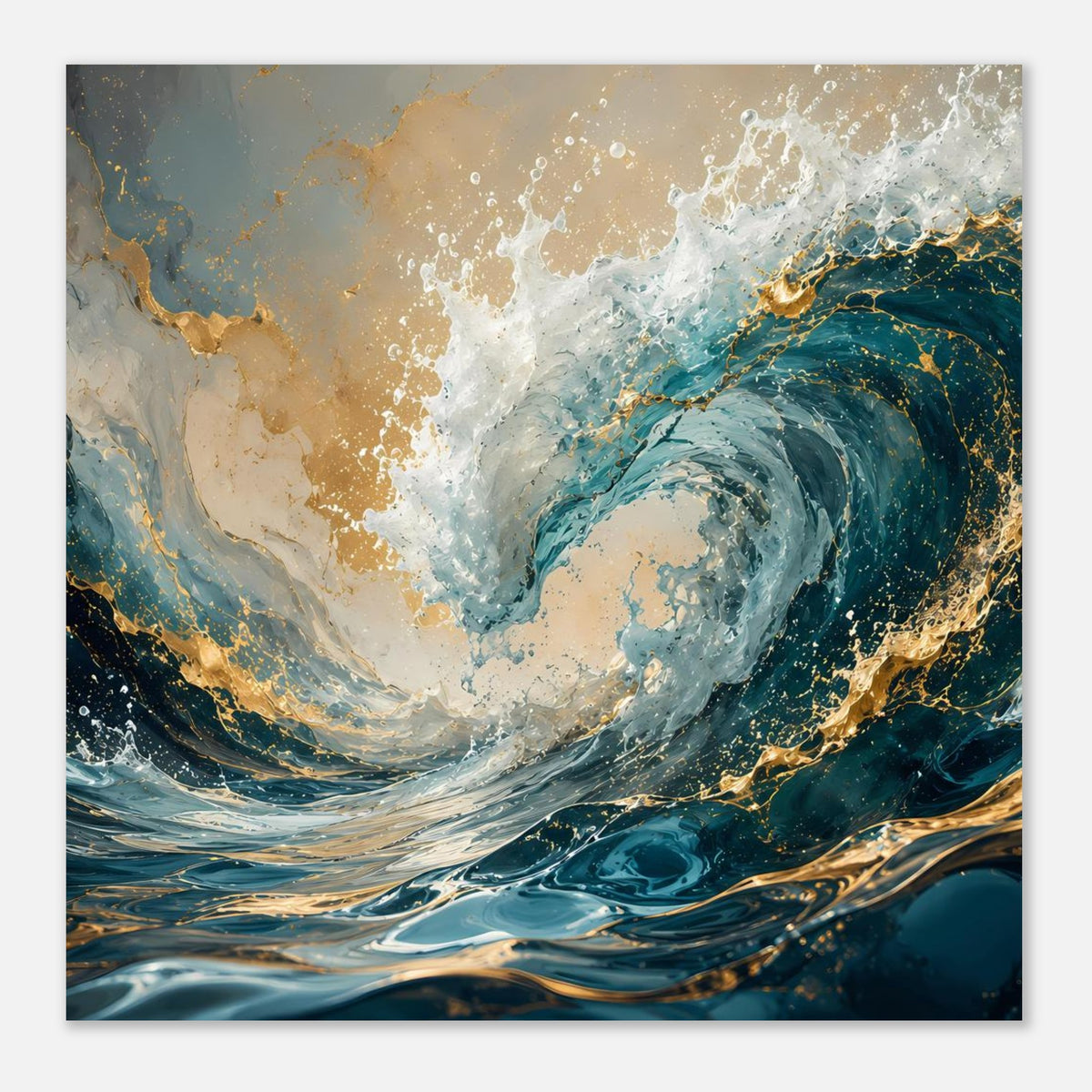 Nahansicht des Posters: türkis-weißer Meereswirbel mit dunklem Blau und goldenen Sprenkeln.