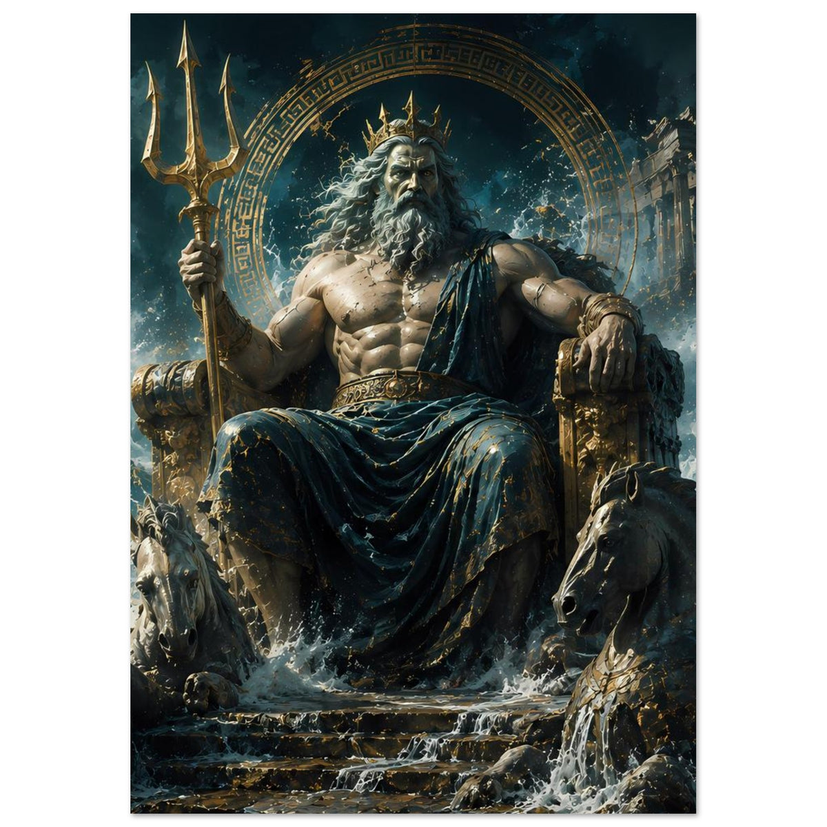 Poster im Hochformat: Meeresgott Poseidon auf Thron, Dreizack links, Pferde im unteren Bildbereich