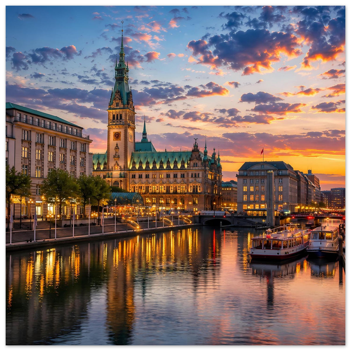 Stadtposter mit Domturm bei Sonnenuntergang und beleuchteter Gebäudezeile am Flussufer
