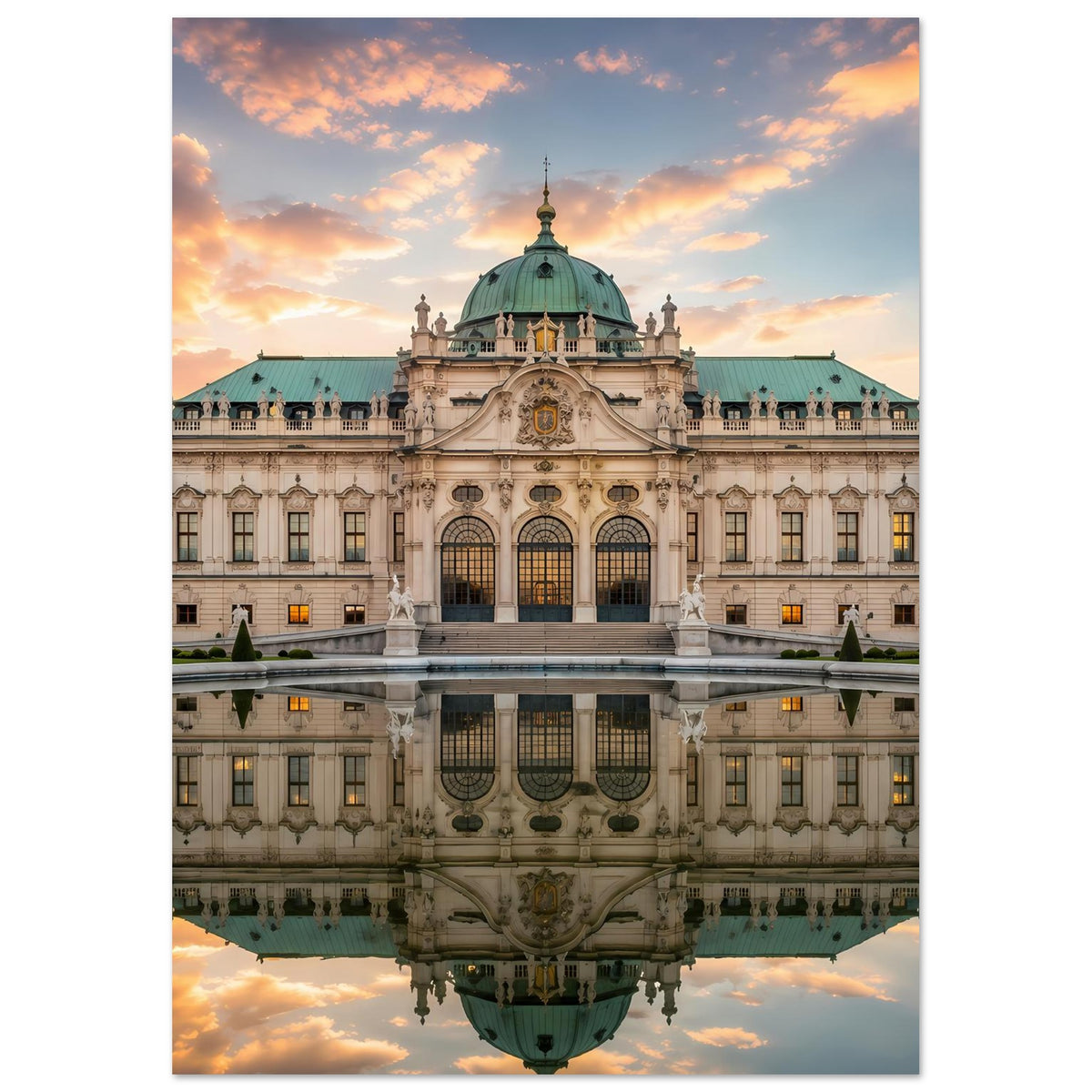 Schloss-Poster im Hochformat: Barockpalast mit Wasserspiegelung und grünem Dach
