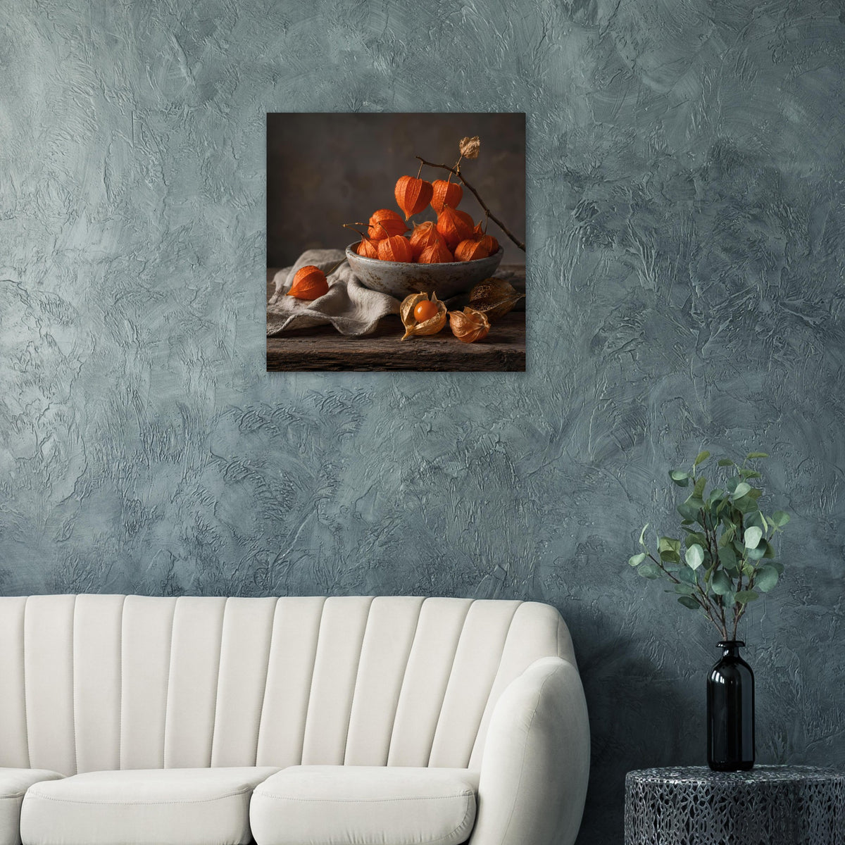 Herbstposter mit Kürbissen in Schale: orangefarben, dazu Eicheln und Tuch
