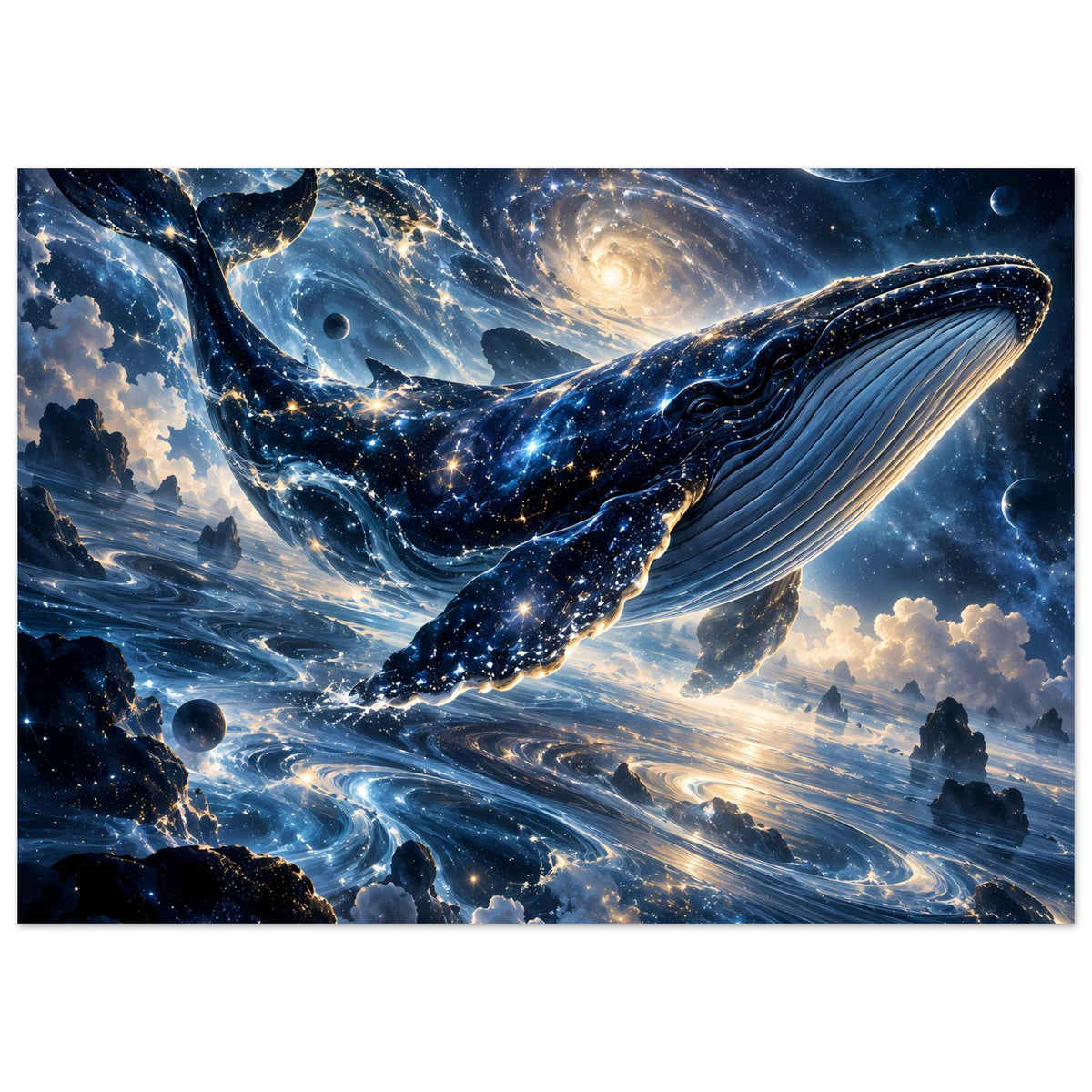 Horizontales Poster: Wal aus Sternen, flankiert von Planeten und kosmischem Nebel