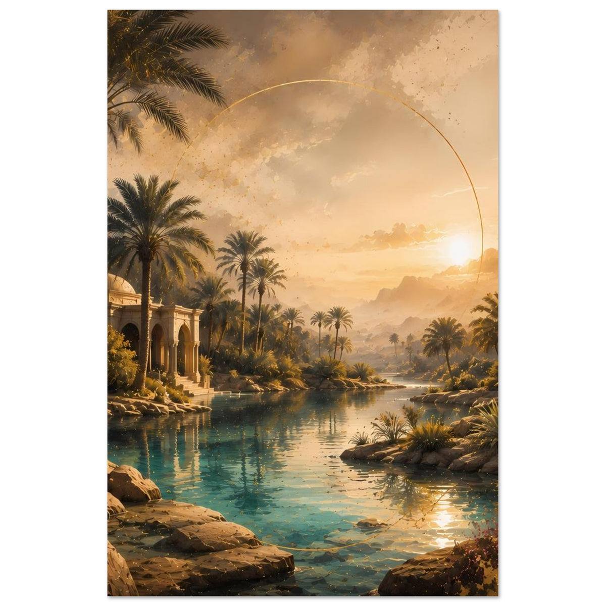 Vertikales Wüstenoasen-Poster: Palmen, Pavillon an der linken Seeseite und Sonnenbogen