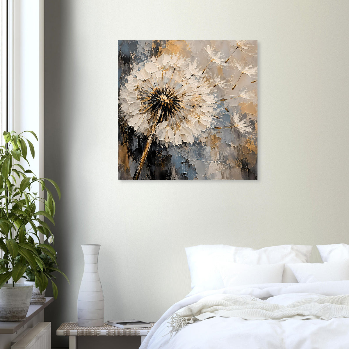 Löwenzahn-Kunstposter im quadratischen Format mit beigen und blauen Farbschichten