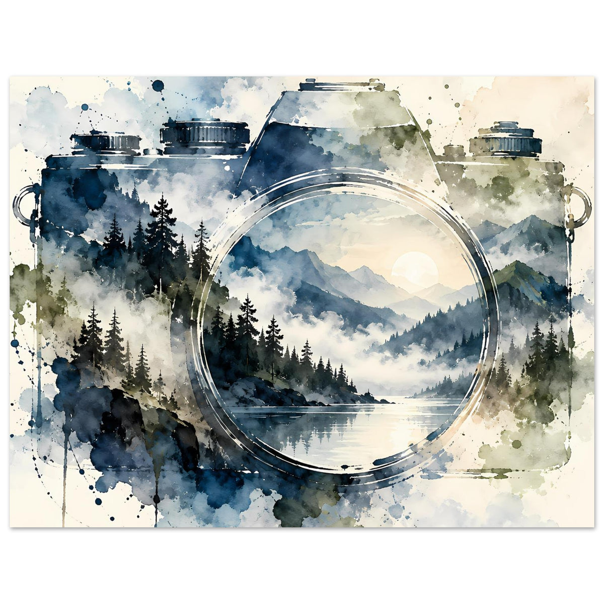 Querformat-Aquarellposter mit Vintage-Kamera, Rundlinse über Bergsee und Tannenwald