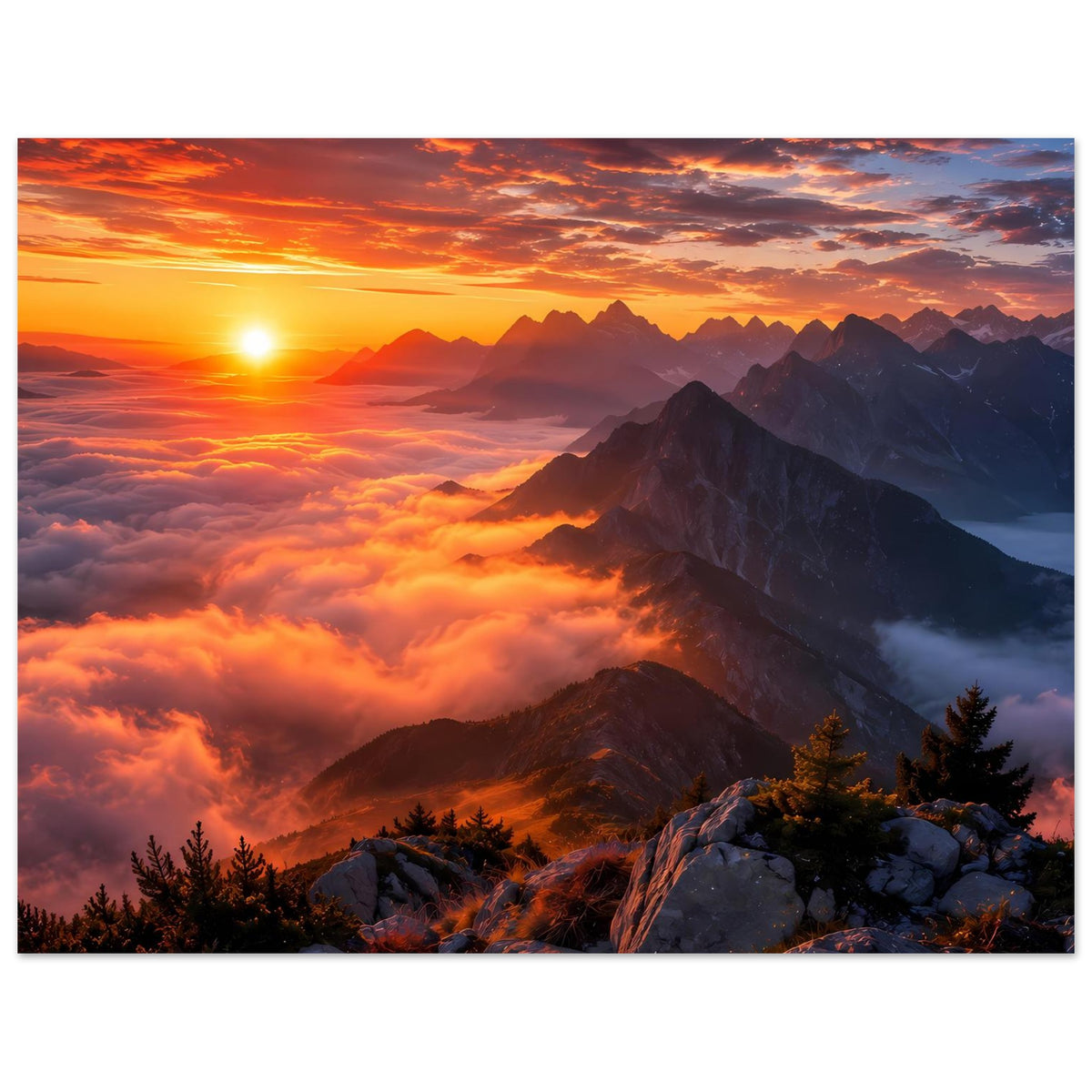 Wandposter (Querformat) mit Sonnenuntergang über Bergkette, Wolken und Fichten