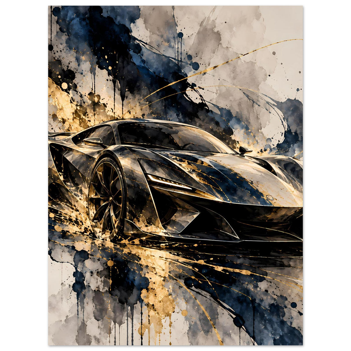 Poster mit Rennsportwagen in Schwarz-Gold, abstrakte Spritzfarbe, Querformat mit breitem Bild