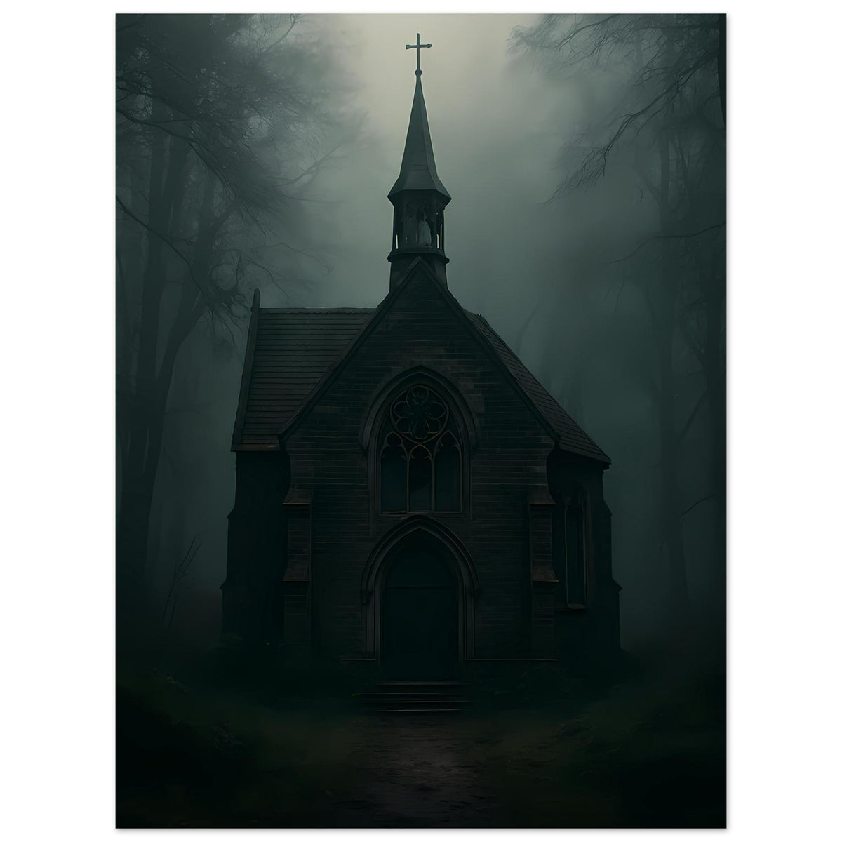 Hochformat-Poster: dunkle Kapelle im Nebelwald, Kirchturm mit Kreuz und Bogenfenster