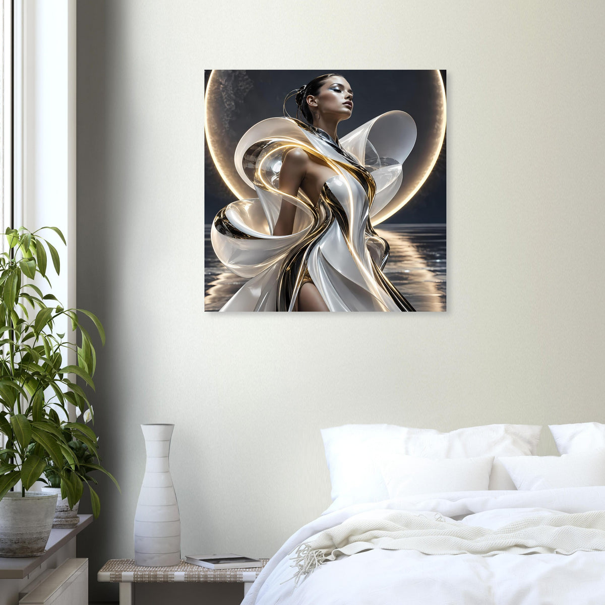 Abstraktes Poster: gold-silberner Metallwirbel mit Frauenfigur in dynamischer Pose