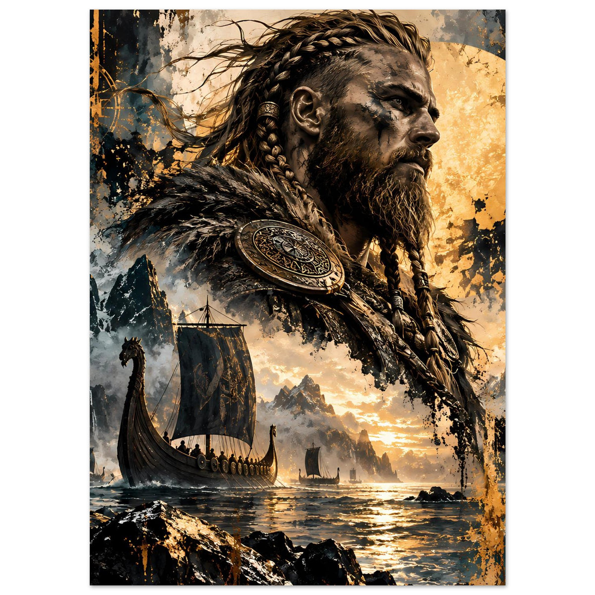 Wikinger-Krieger-Poster: Krieger mit Zopfhaar und Bart, Schildträger im Vordergrund, Küste