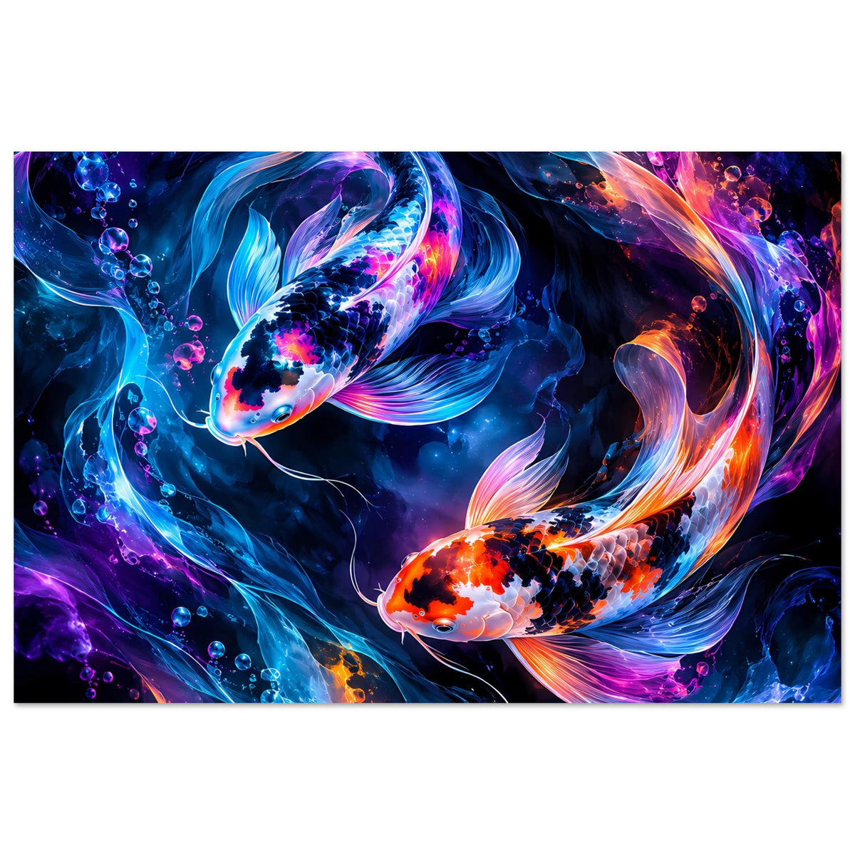 Querformat-Poster mit leuchtendem Koi-Paar, Farbverlauf in Blau, Pink und Orange