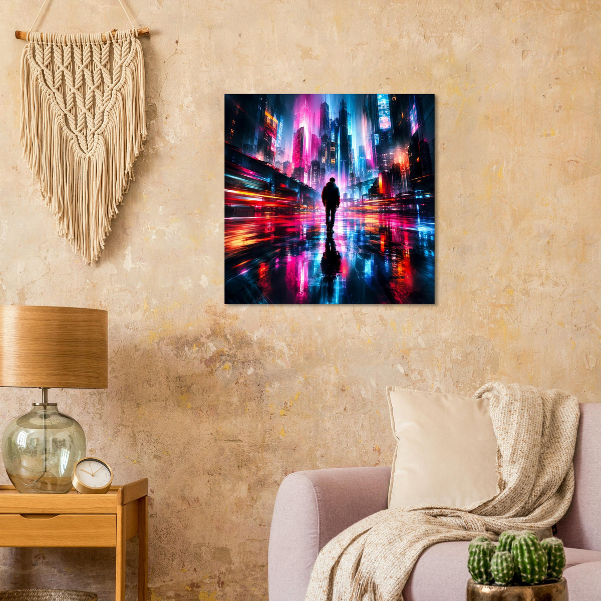 Cyberpunk-Poster mit Neonstadt in Blau, Pink und Orange, zentrale Silhouette