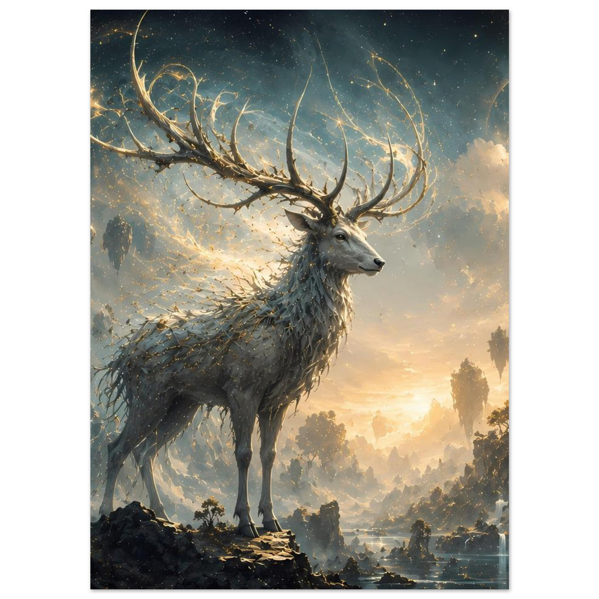 Fantasy-Hirschposter mit goldenem, geschwungenem Geweih und ruhigem Blick