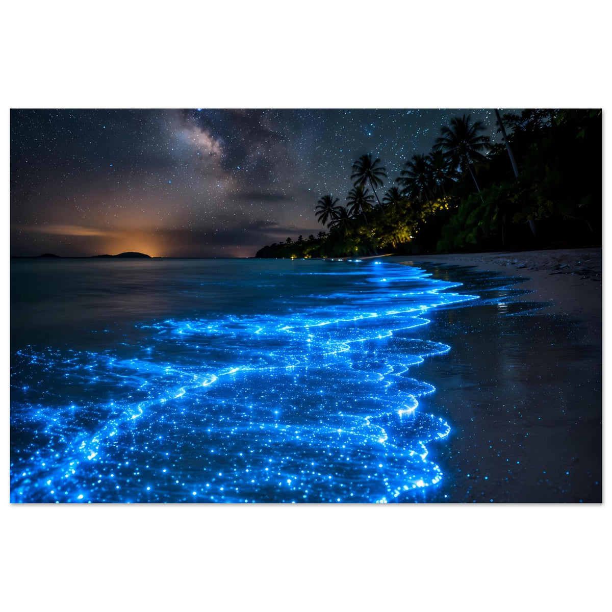 Biolumineszenz-Strandposter: blau leuchtender Ufersaum mit schimmernden Punkten, Palmen und Sterne
