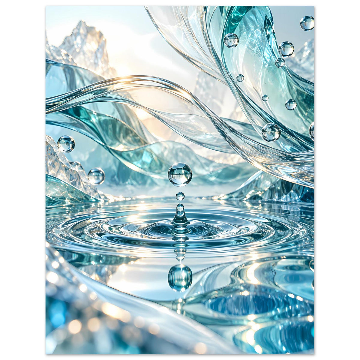 Poster mit Wasseroberfläche: blaue Wellenringe und viele Tropfen, mittig aufgenommen