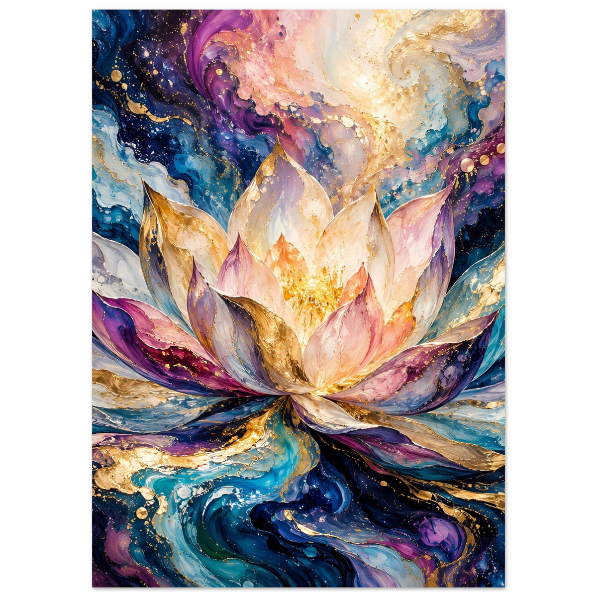 Blumenposter im Hochformat mit Lotusblüte, Blau, Violett und goldene Glitzerakzente