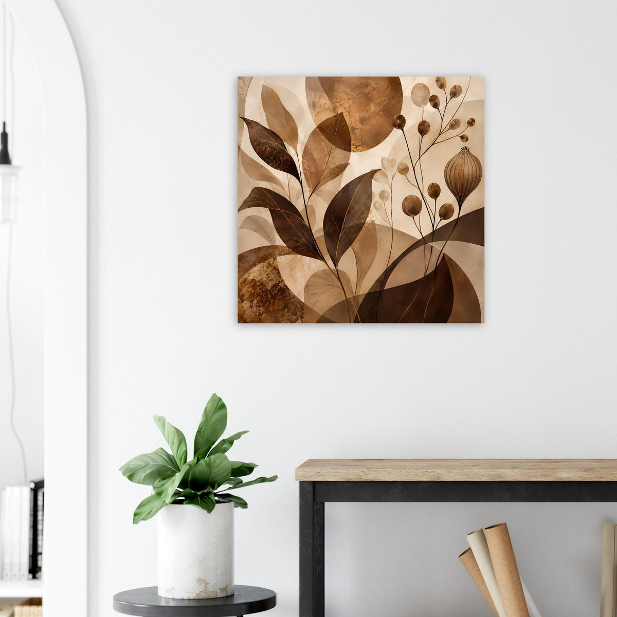 Poster mit botanischem Abstraktmotiv: beige-braune Blätter und kugelige Blüten