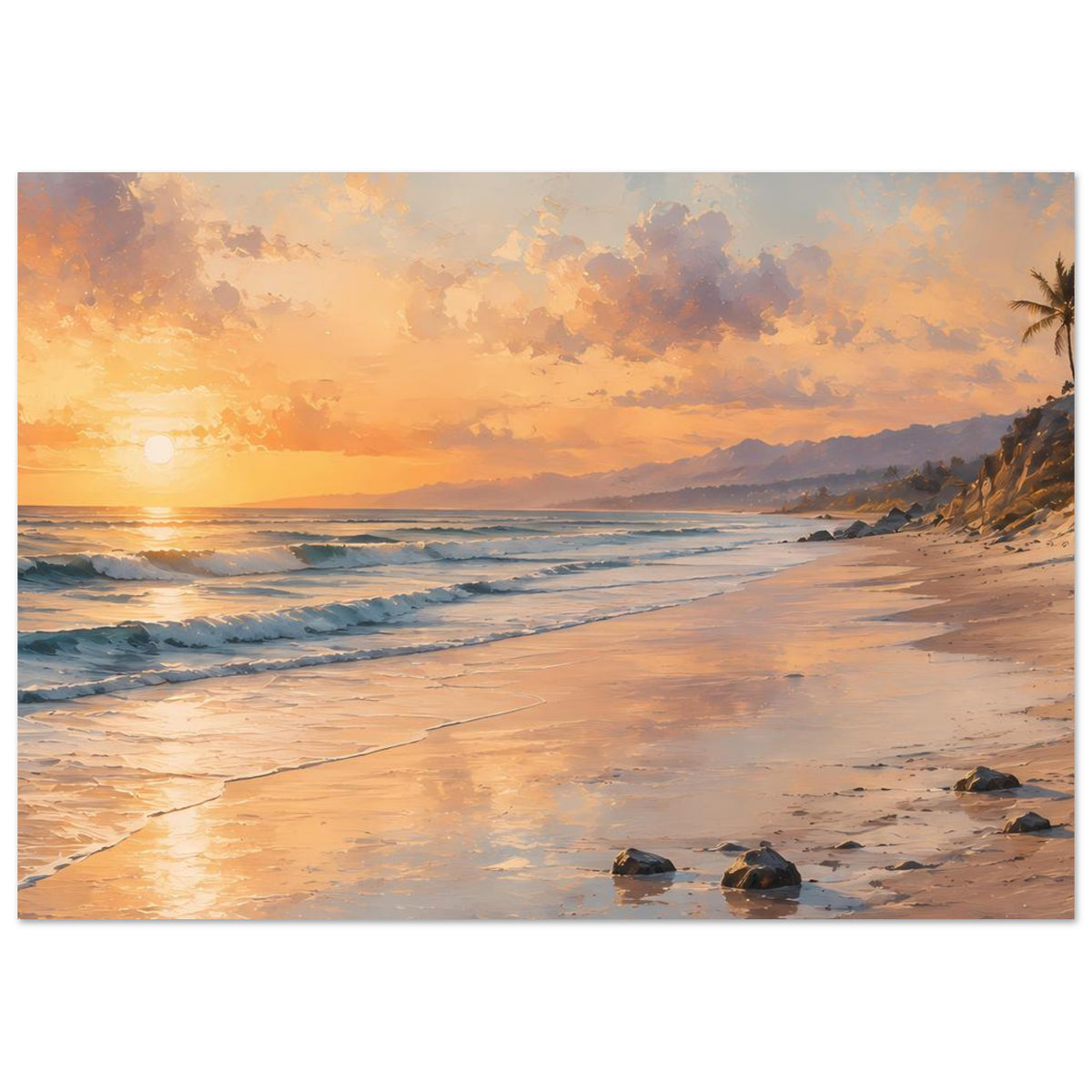 Strandposter auf mattem Papier, Querformat: Sonne am Meer, Wellenkamm, felsige Küste rechts.