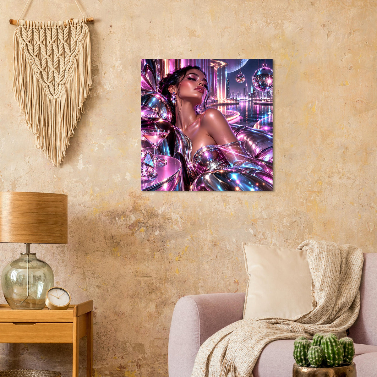 Neon-Futurismus-Poster mit glamouröser Frau in metallicem Violett und Pink, umgeben von Licht-Installationen