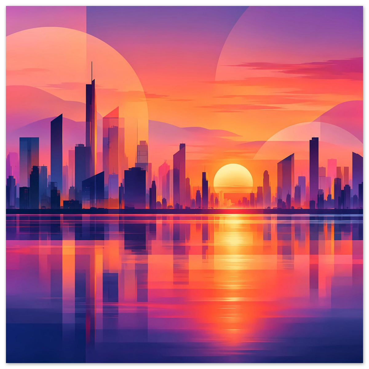 Vertikales Stadtposter mit farbenfroher Skyline, Sonne am Horizont und Wasserspiegelung