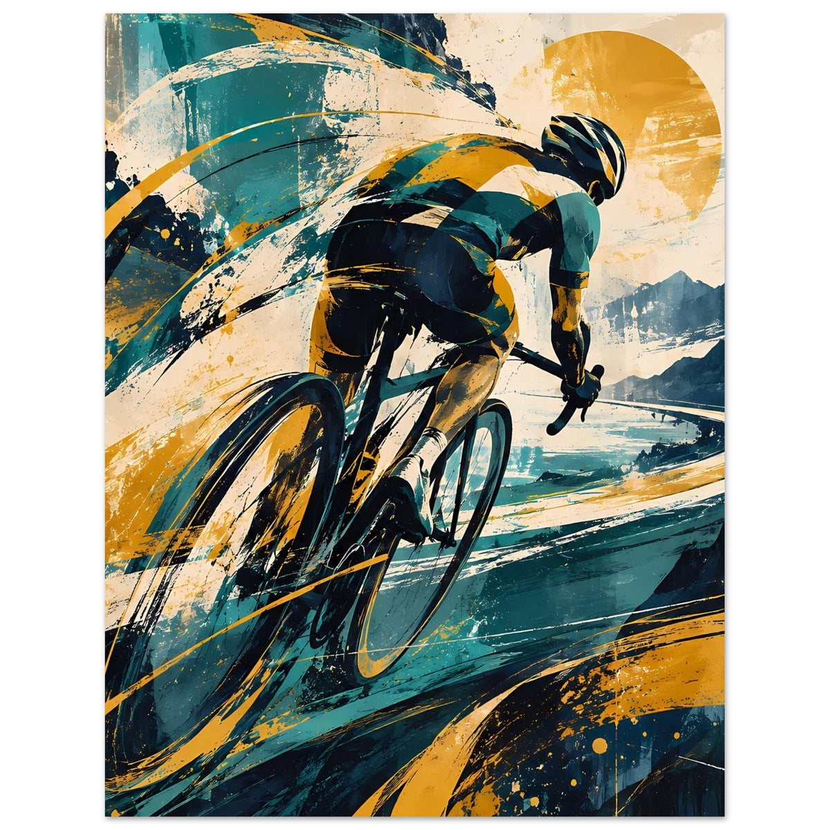 Sportposter: zwei Radfahrer in dynamischer Bewegung, Blau- und Gelbtöne, Bergstraße