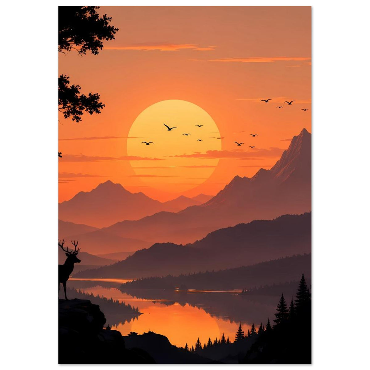 Poster: Sonnenuntergang über Bergkette und See, Tannenwald, fliegende Vögel, Hirsch im Schatten.