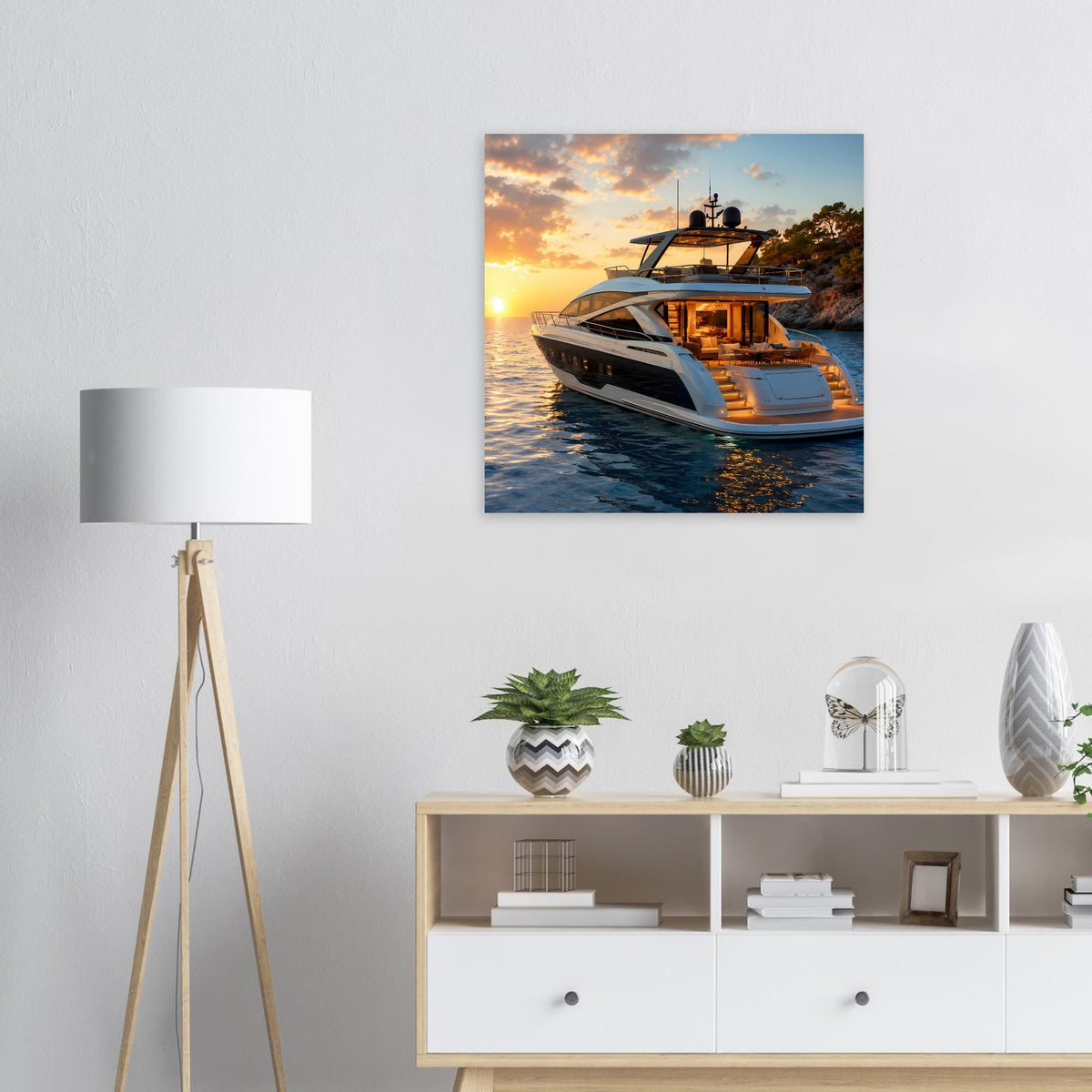 Poster: Motoryacht mit leuchtender Fassade und warmem Sonnenuntergangshimmel