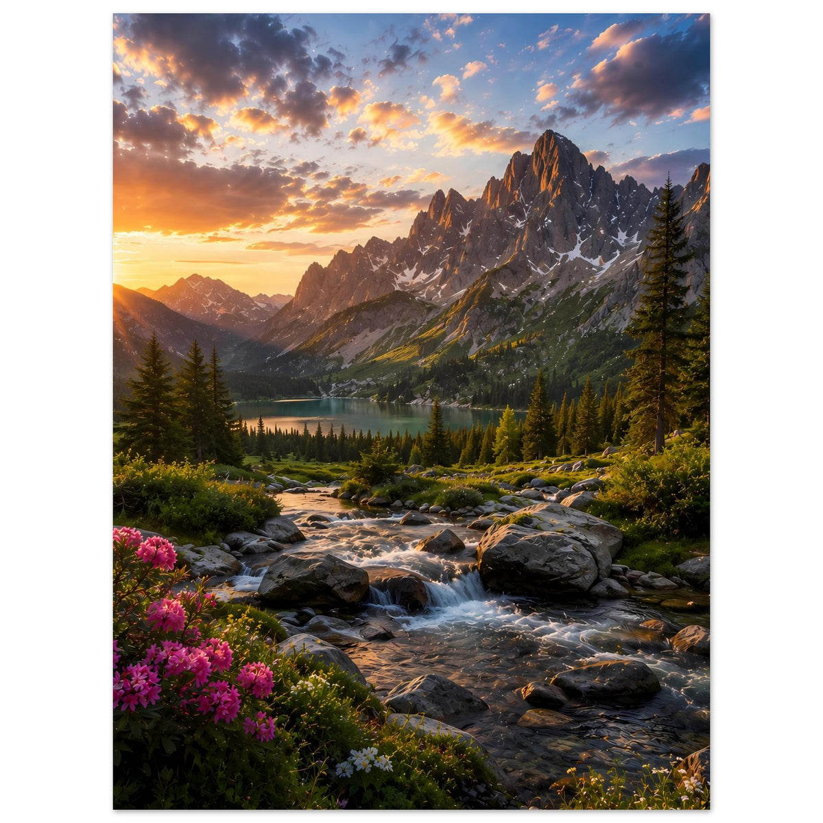 Vertikales Wandposter mit Bergtal, Fichten und Bachlauf, orangefarbener Himmel beim Sonnenaufgang