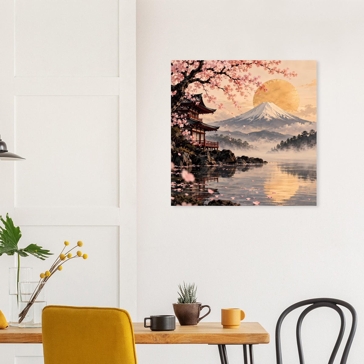 Wandposter mit Kirschblüten, Berg Fuji und See in sanften Goldtönen