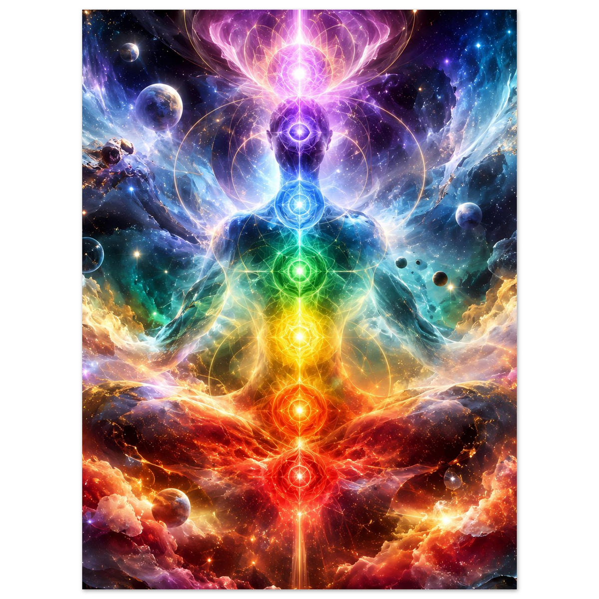 Hochformatiges Chakra-Meditationsposter mit Lichtringen und farbigen Energieflüssen