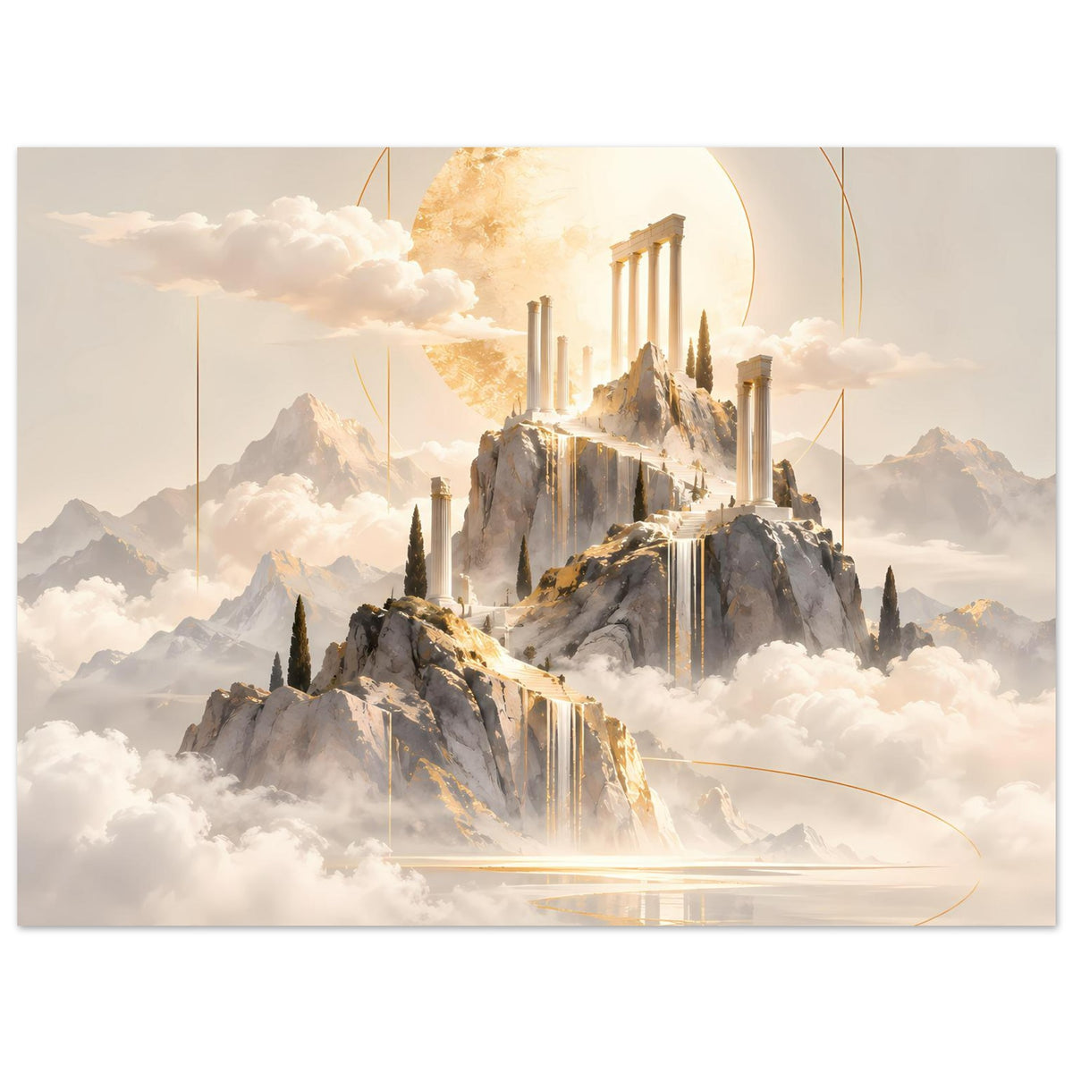 Poster im Querformat mit goldenem Tempelmotiv, Felsen, Wolken und kreisförmiger Sonne