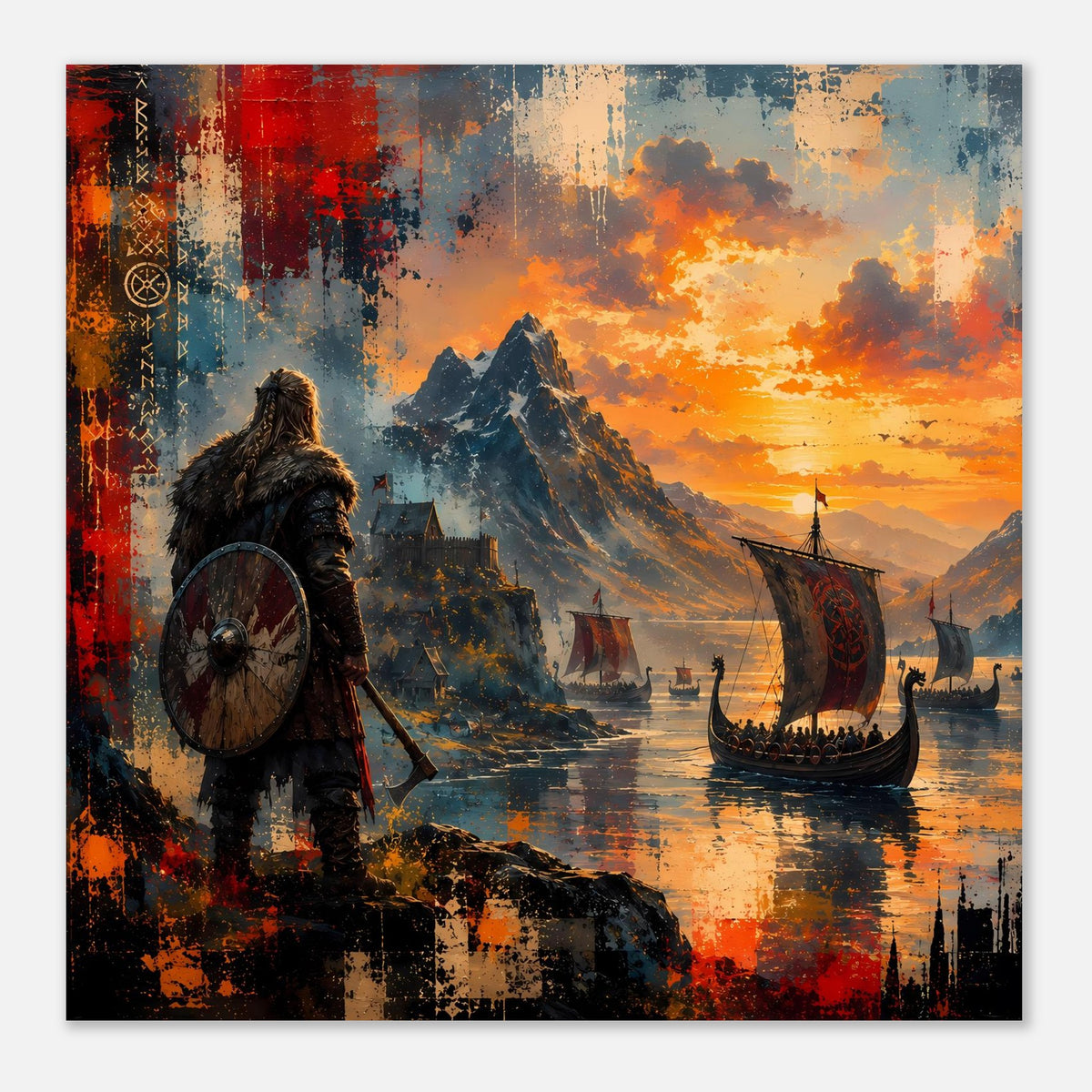 Viking-Saga-Poster (klein): Wikingerkrieger links, Langschiff rechts und orangefarbener Sonnenuntergang