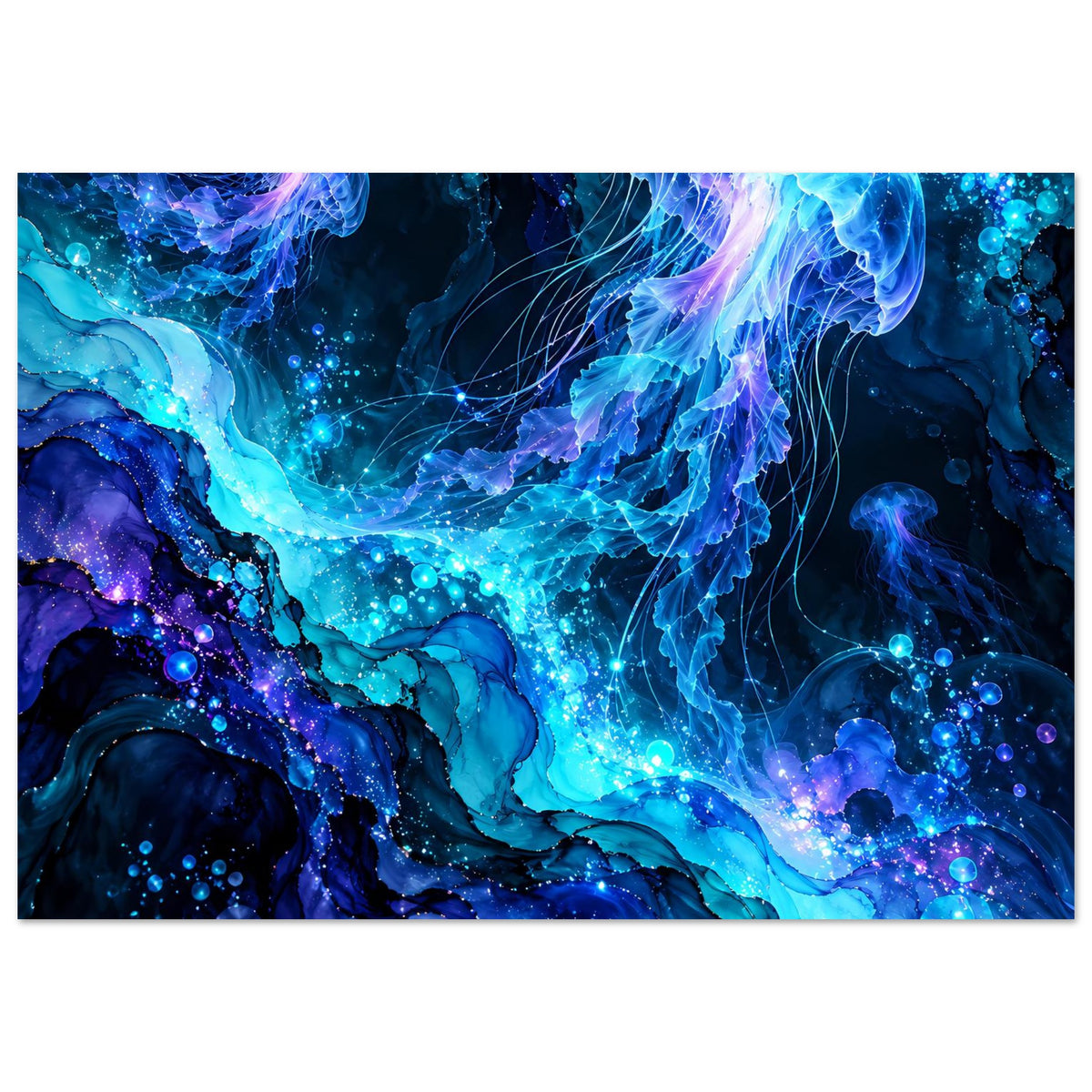 Unterwasser-Poster mit Quallen, Lichtfäden und schwebenden Blasen, blau-violett
