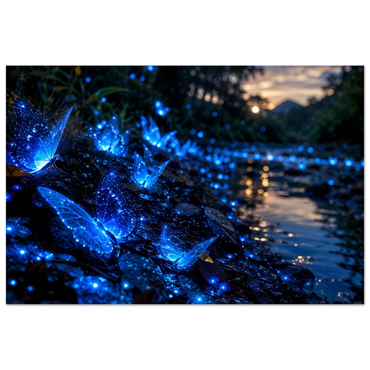 Poster mit leuchtend blauen Schmetterlingen, dunkle Blätter mit glitzernden Highlights