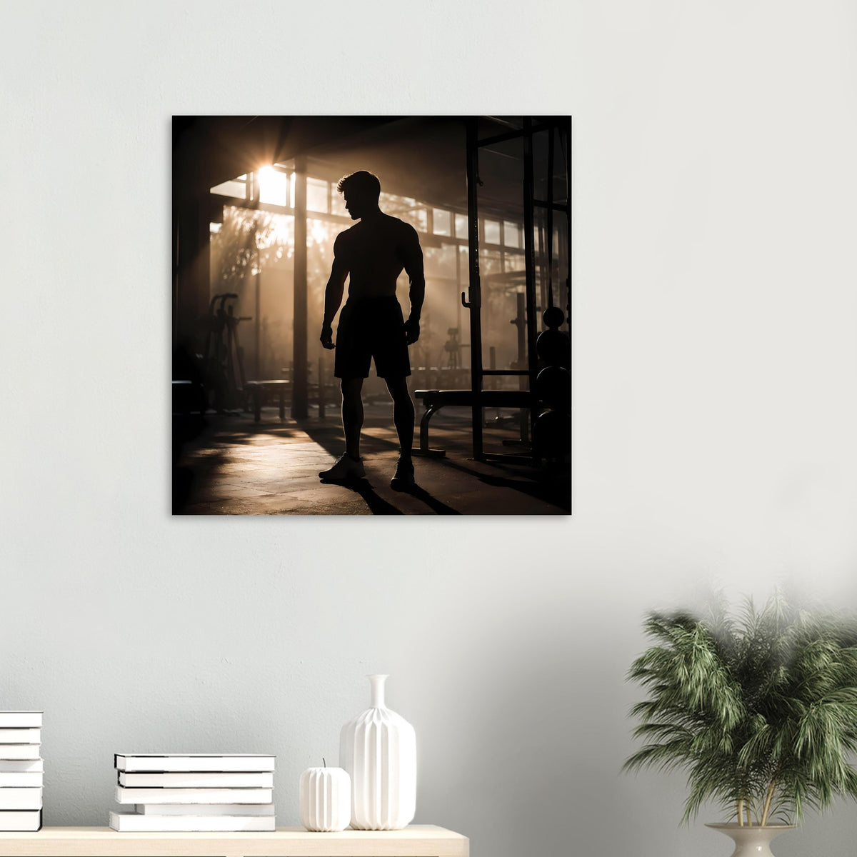 Fitness-Poster als Wandbild mit dunkler Sportler-Silhouette und Shorts, Ganzkörper