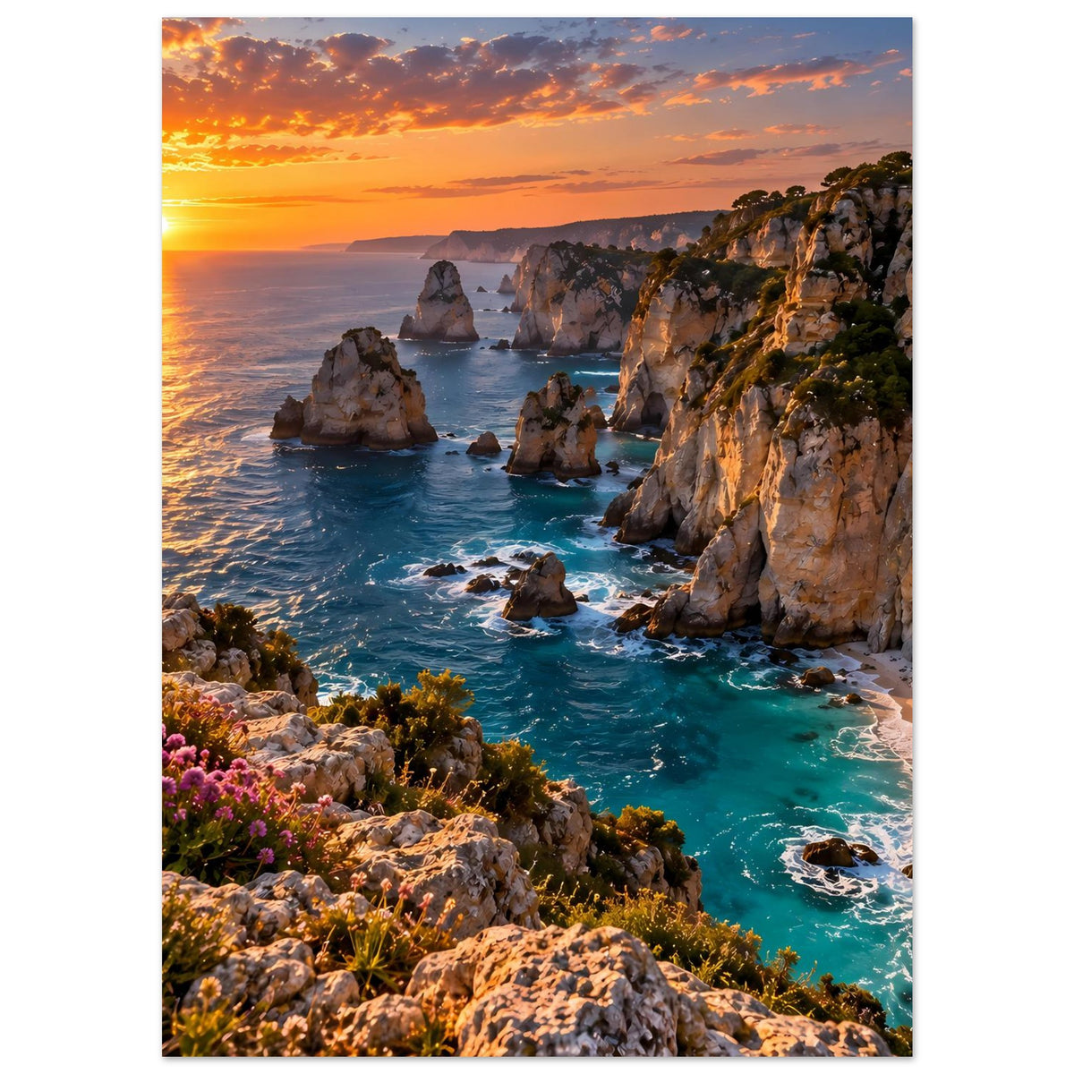 Küstenposter mit Felsbucht, türkisfarbenem Meer und goldenem Abendlicht
