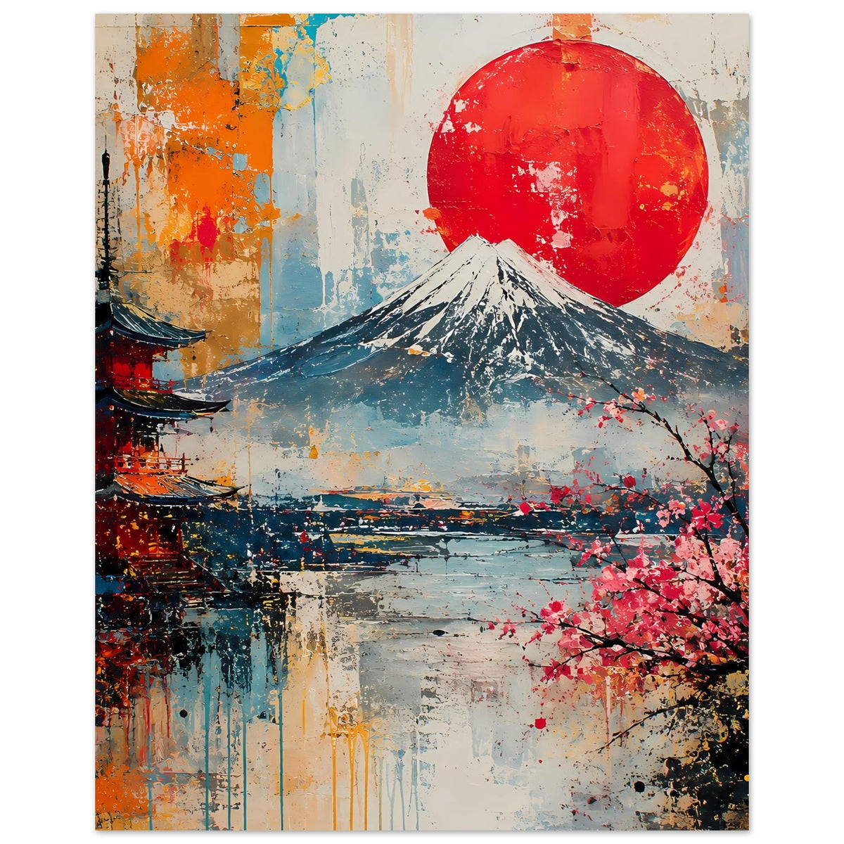 Japanisches Fuji-Kirschblüten-Poster mit roter Sonne, Fuji-Berg und rosa Blüten am Rand