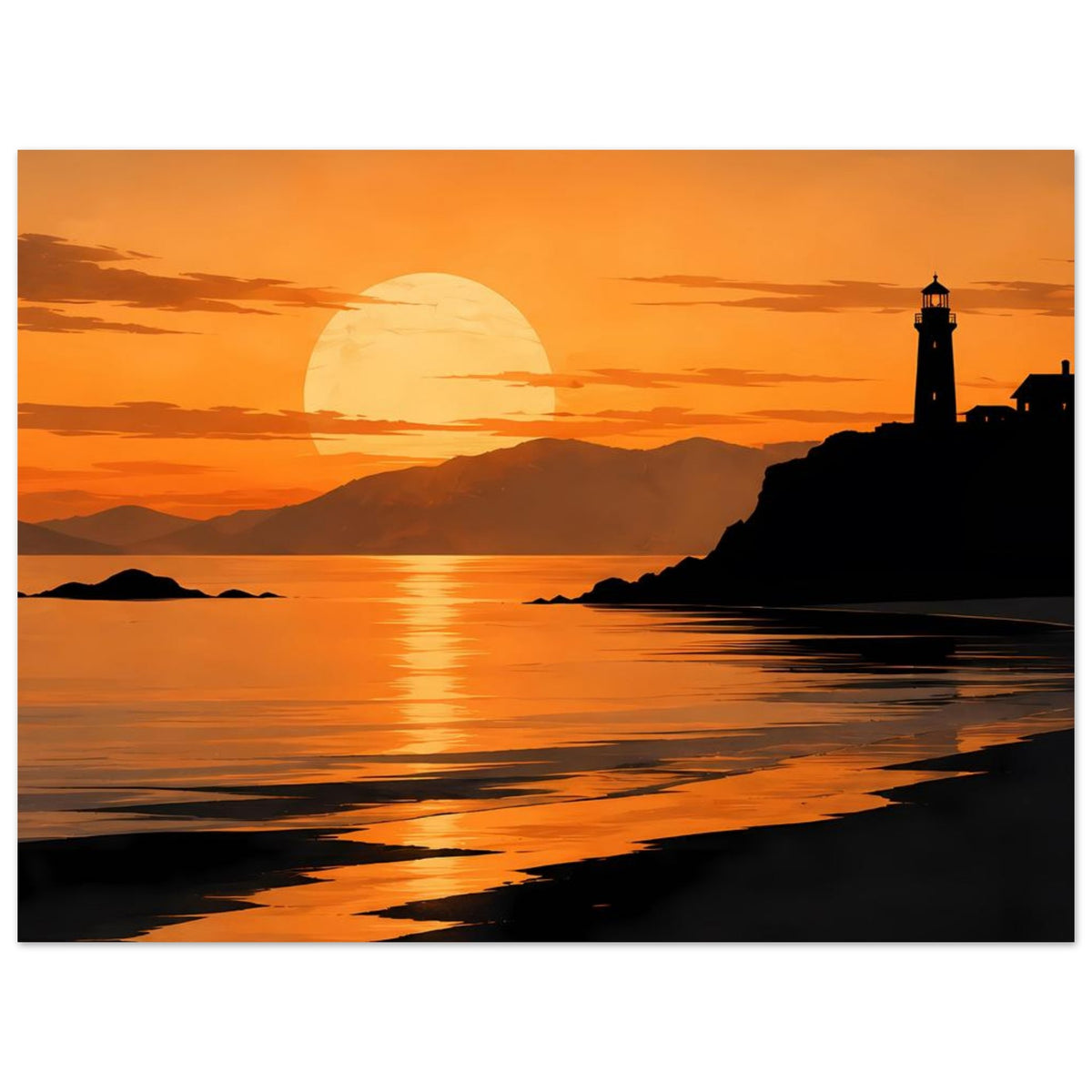 Küstenposter mit Leuchtturm, orangefarbenem Licht und ruhigem Meeresspiegel