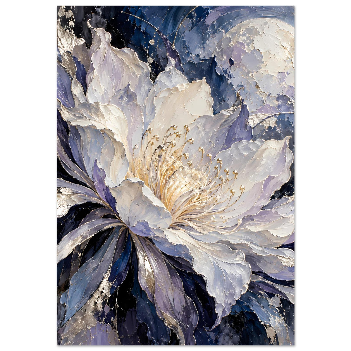 Poster-Druck: weiß-violette Blüte mit goldenen Fäden, blau-violetter Hintergrund, Mondsichel