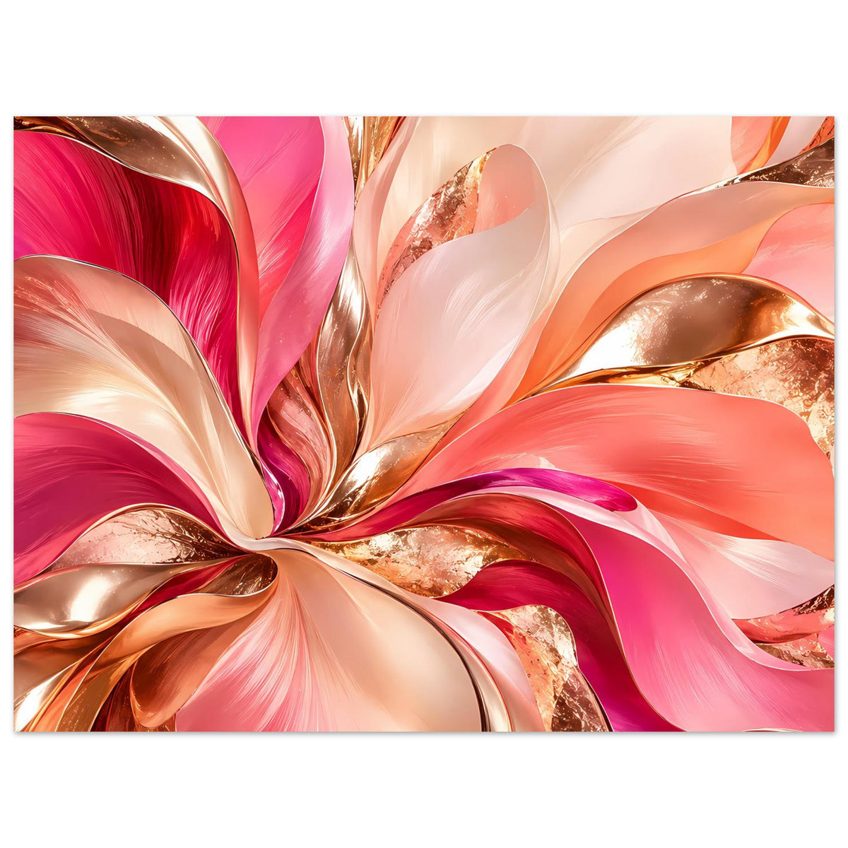 Abstraktes Blumenposter im Querformat mit rosa Farbwirbeln und goldenen Glanzlinien