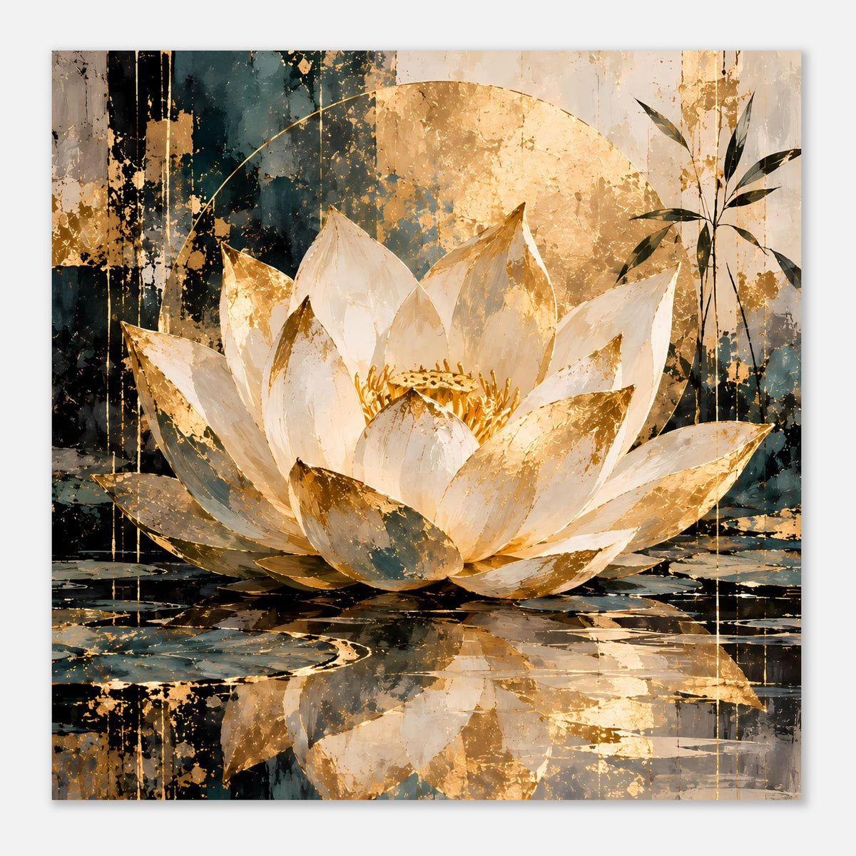 Quadratisches Lotus-Poster mit weiß-goldener Blüte, Blattzweig rechts und abstrakten Farbflächen