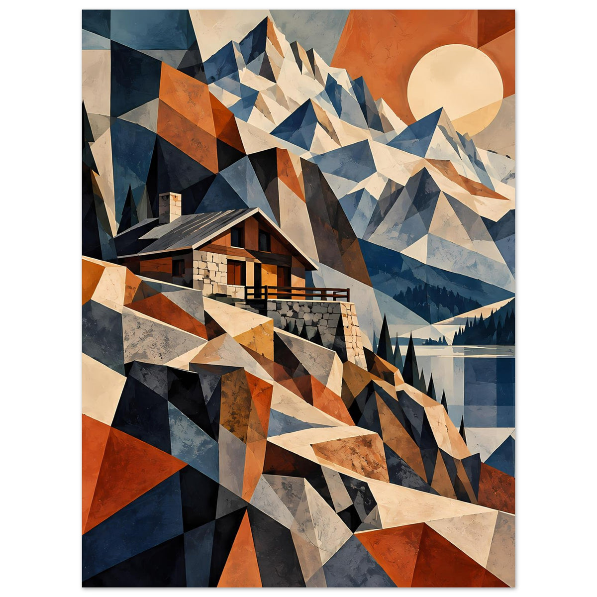 Hochformatiges geometrisches Bergposter mit Berghaus, Dreiecke in Blau und Erdtönen