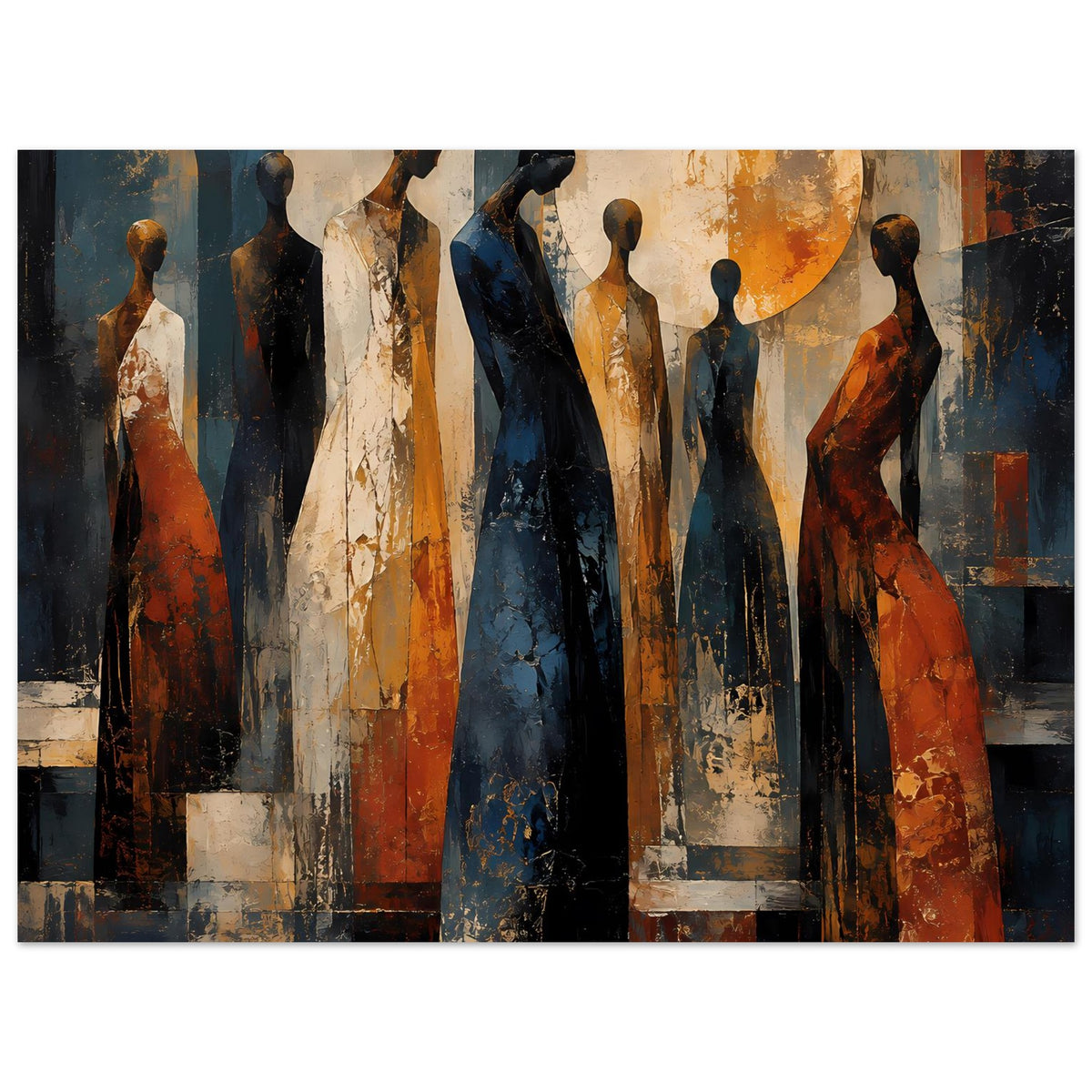 Poster mit abstrakten stehenden Figuren, warmes Orange und Blau, großer Kreis, kontrastreiche Flächen