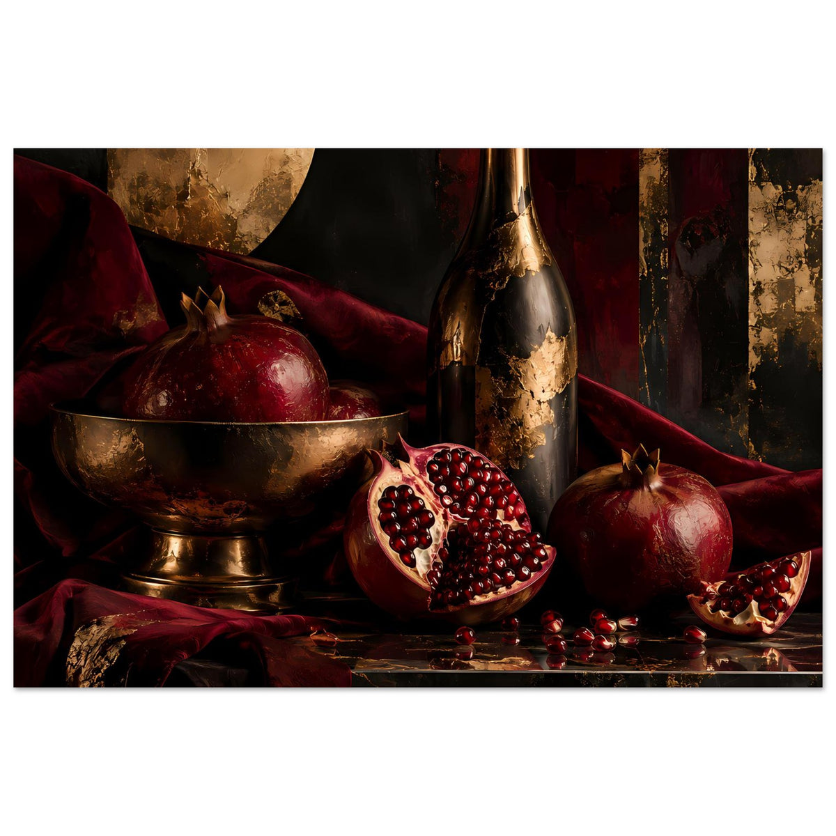 Breites Poster mit Granatapfel-Stillleben aus Schale, Vase und Fruchtstücken