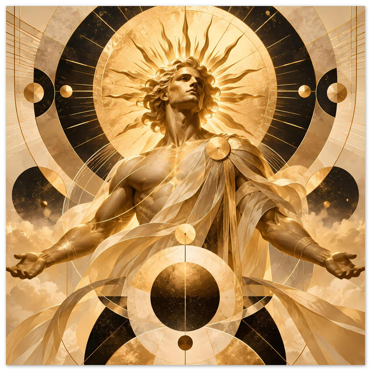 Poster: goldener Engel mit offenen Armen, Strahlenkranz und geometrischen Kreisen